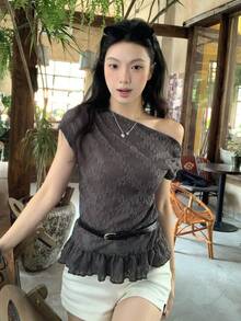 DAZY Women's Floral Asymmetric Shoulder Ruffle Hem Fashion T-Shirt - Grey - View 4