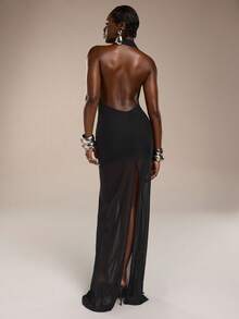 Đầm maxi lưới xuyên thấu xẻ cao, cổ áo xếp nếp, đường viền cổ khoét sâu táo bạo. - màu đen - Xem 2