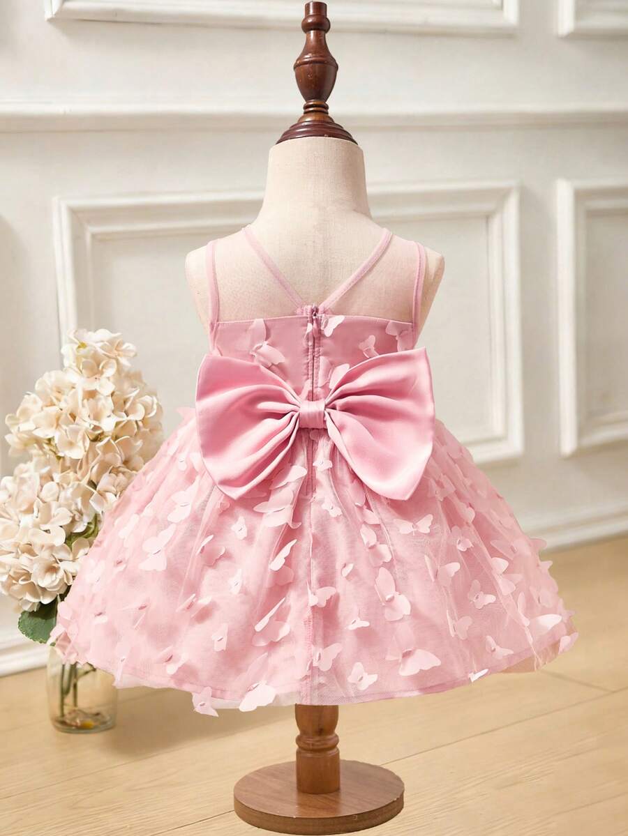 Baby Girl Elegant & Cute Pink Butterfly Mesh Dress - Pink - View 1