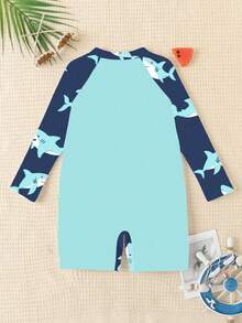 Young Boy Casual Slim Fit Round Neck Long Sleeve One-Piece Swimsuit, Suitable For Summer - Multicolor - View 3