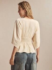 BizChic Áo kiểu nữ mùa xuân/hè mới, màu mơ, kẻ sọc dọc, tay raglan nhún bèo, eo chun, gấu áo xếp ly, tôn dáng. - Nhiều màu - Xem 6