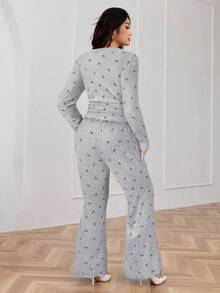 Modelyn Große Größen Lässig Schmetterling Muster Kordelzug asymmetrischer Saum Top und Hose Zweiteiler, Herbst - Grau - Übersicht 2