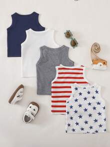 SHEIN Infant Boys' Basic Striped & Solid Color Round Neck Sleeveless Tops, Multi-Pack, Summer - Multicolor - View 2