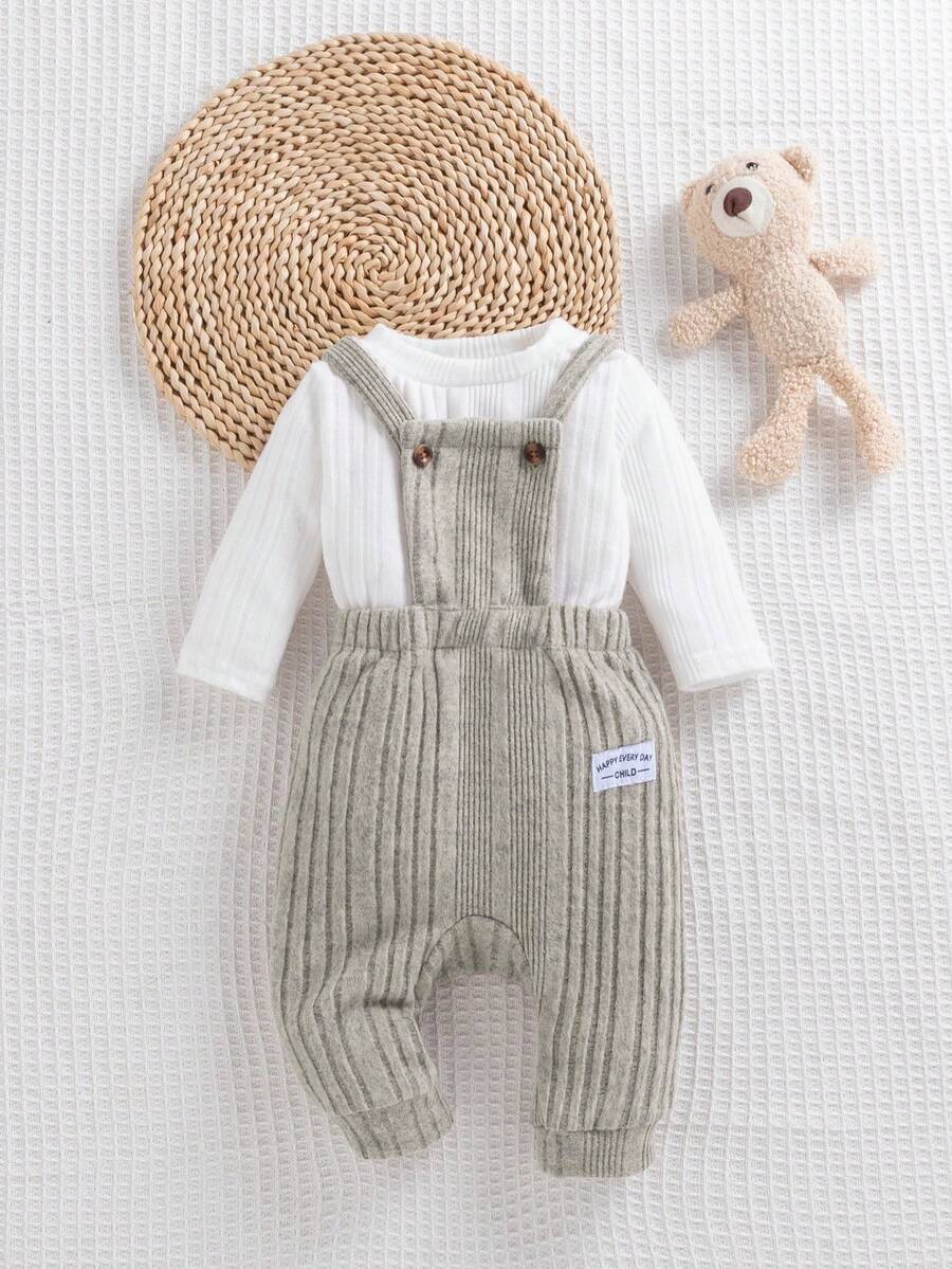 SHEIN 2 Stücke Set für Neugeborene Jungen mit gestreiftem Langarm-Top und Latzhose, geeignet für Fotoshootings, Alltagstragen, Straßenmode im Frühling und Herbst - Grau - Übersicht 1