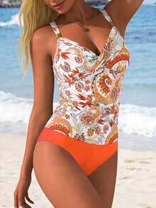 Swim Lushoire Swim Lushore Swim Women's 2 Pieces Paisley PatternShoulder Strap Tankini With Metal Buckle + Solid High-Waisted Triangle Bottom Vacation Swimwear Set Spring Vacation - Orange - View 3