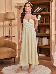 SHEIN 2pcs Lace Ruffle V-Neck Cinched Waist Long Sleeve Robe + Lace Trim Camisole Pajama Set For Women - Apricot - View 5