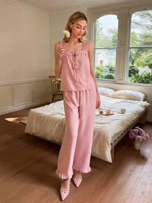 Snug Reverie Women's Sleeveless Top With Wide Straps & Ruffle Hem And Pants Pajama Set - Pink - View 6