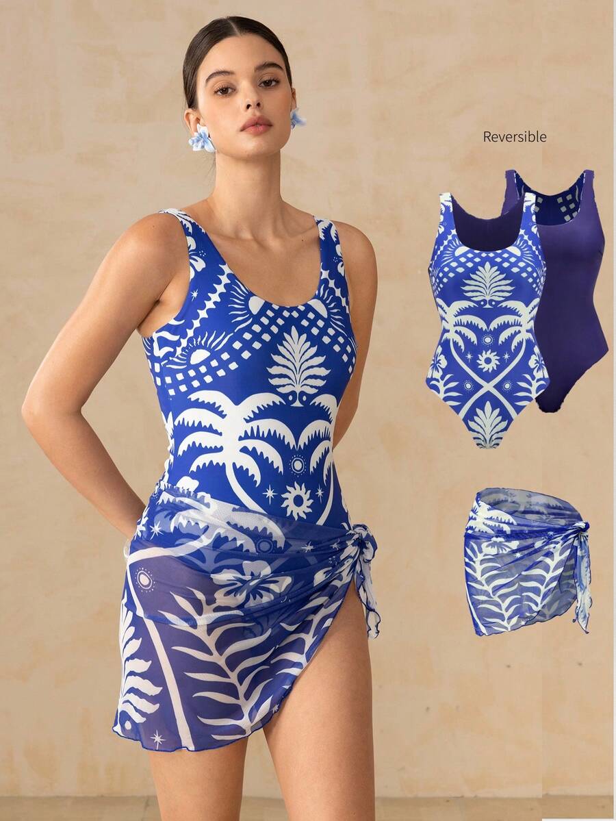 Swim Oasis 女士棕榈树印花时尚连体泳衣，配同款罩裙，适合度假 - 藏蓝色 - 查看 1