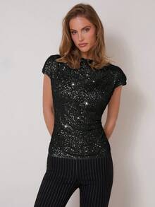 COSMINA Áo kiểu nữ màu trơn đính sequin tay ngắn ôm sát, thời trang, quyến rũ. - màu đen - Xem 1