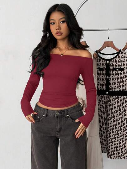 Teen Girl Burgundy Off Shoulder Fitted Casual Long Sleeve Basic Tee