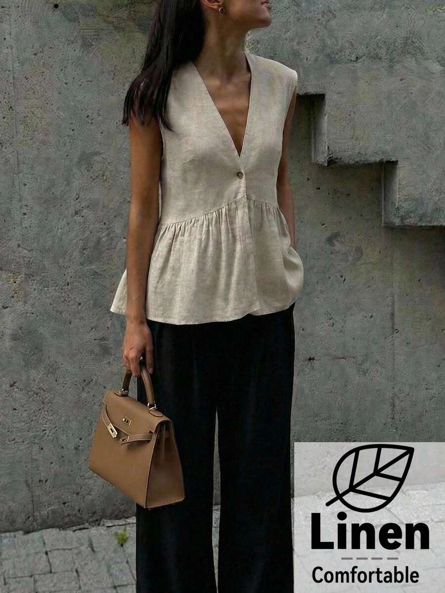 Aloruh 女士春夏新款亚麻西装外套，深V领设计，优雅休闲女士西装背心，夏季女装，夏季服装，夏季穿搭，夏季度假装，夏季上衣，夏季上衣，女士夏季上衣，女士衬衫，女士衬衫，优雅女士衬衫，夏季穿搭，女士夏季穿搭，女士休闲装，女士夏季穿搭，女士夏季上衣，女士上衣和衬衫，女士春季穿搭，女士最新款上衣，女士荷叶边上衣，女士亚麻上衣，女士荷叶边衬衫，女士休闲装，优雅 - 杏色 - 查看 1