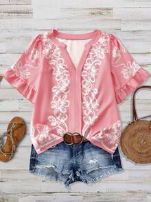 Linhara Plus Size Women's V-Neck Pink Embroidered Floral Print Split Design Puff Sleeve Ruffle Hem Vintage Casual Commute Daily Holiday Date Versatile Elegant Blouse, Spring/Summer New Women's Tops And Blouses Boho Outfit For Women Blouse For Women Casual Elegant Women's Western Outfits Blouse For Women - Multicolor - View 3