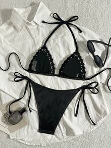 Swim SXY 两件套特殊面料挂脖比基尼上衣和系带泳裤性感时尚泳装套装 - 黑色 - 查看 7