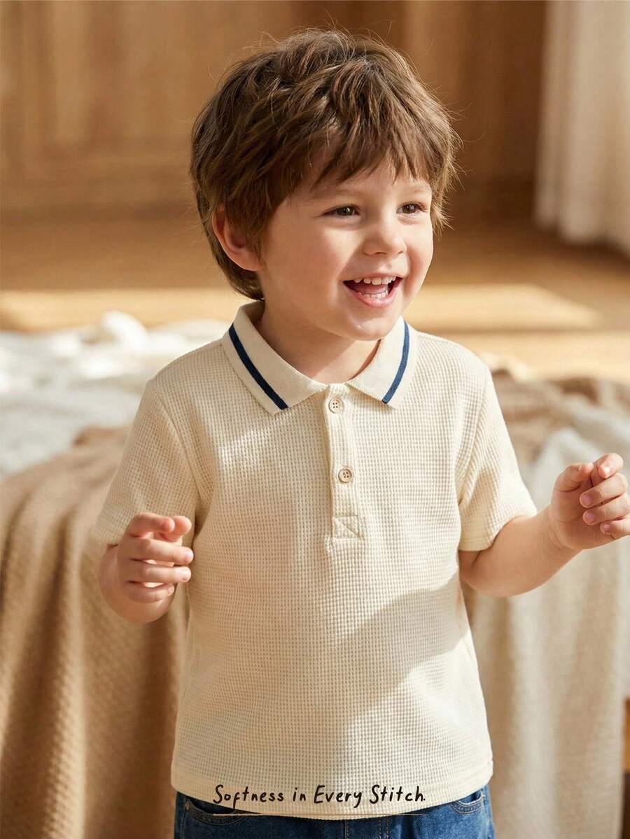 Cozy Pixies Young Boy Textured Ribbed Knit Soft Turndown Collar Half-Zip Short Sleeve Polo Shirt Vintage Boy Clothes Cotton Boy Clothes - White - View 1