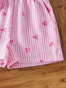 SHEIN LMoss Kids 2pcs Young Girl's Pink Elegant Woven Striped Bow Tie Vest And Shorts Set,Summer,Matching,Family Vacation,Stylish Casual Kids Outfits For Holidays - Multicolor - View 5