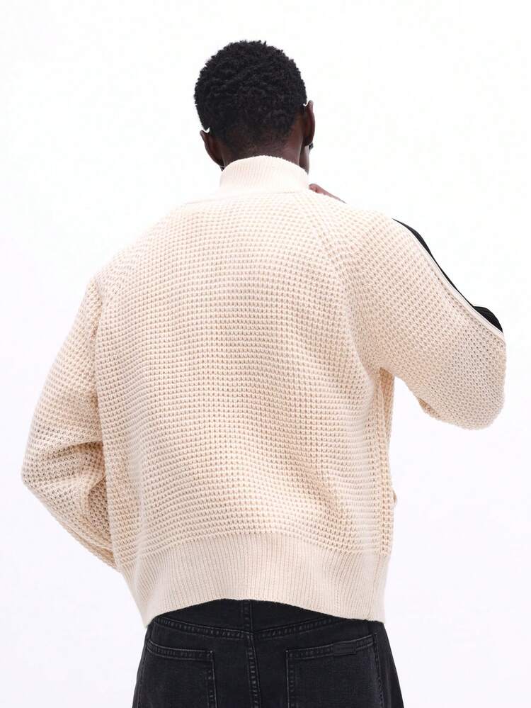 SUMWON Men's Cream Cable Knit Full Zip Cardigan With Black Side Stripe Detail And Logo Embellishment