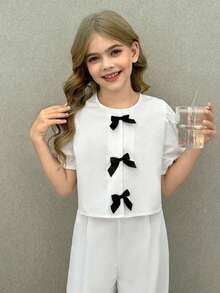 SHEIN Nova Glow 少女休闲时尚圆领荷叶袖纽扣上衣和长裤套装 - 白色 - 查看 3