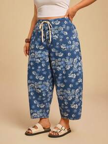 Travachic Quần jeans Harem dáng rộng dành cho nữ cỡ lớn, thích hợp mặc đi nghỉ mát và đi làm, họa tiết hoa, cạp chun, phối nhiều túi. - Rửa trung bình - Xem 8