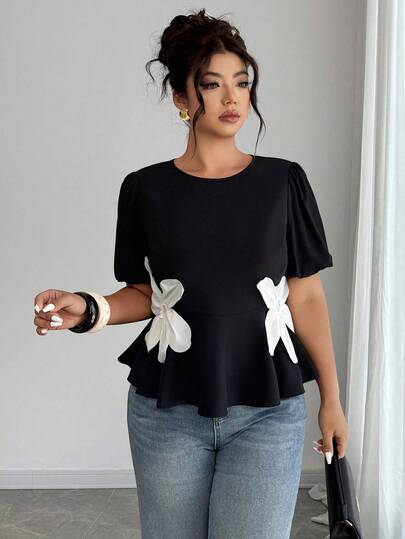 Weeklong Plus Size Women's Spring/Summer Vacation Round Neck Ruffle Hem Colorblock Floral Decor Shirt