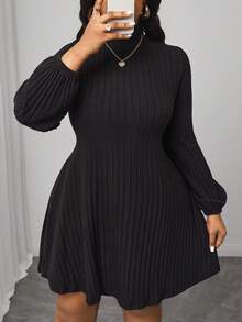 Truni Plus Size Solid Color Stand Collar Long Sleeve Minimalist Short Casual Dress, For Pear Triangle Body Shape - Black - View 9