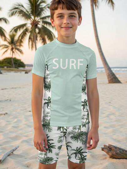 Tween Boy Casual Minimalist Short Sleeve Crew Neck Shorts Swimwear Set, Suitable For Summer - Classic Surfing English Graphic Print, Classic Tropical Palm Tree Print, Suitable For Surfing, Swimming, Vacation