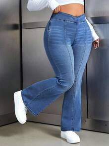Flexra Plus Size Women's Fashionable Casual Washed Flare Jeans - Blue - View 8