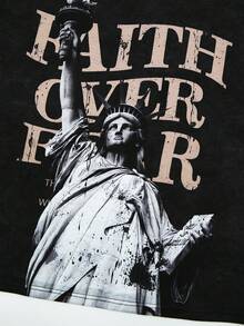 SHEIN 青少年男童休闲字母+自由女神像图案运动街头风Y2K短袖圆领T恤，适合春夏穿着，日常穿着，运动，外出，上学，聚会，节日，拍照 - 黑色 - 查看 4