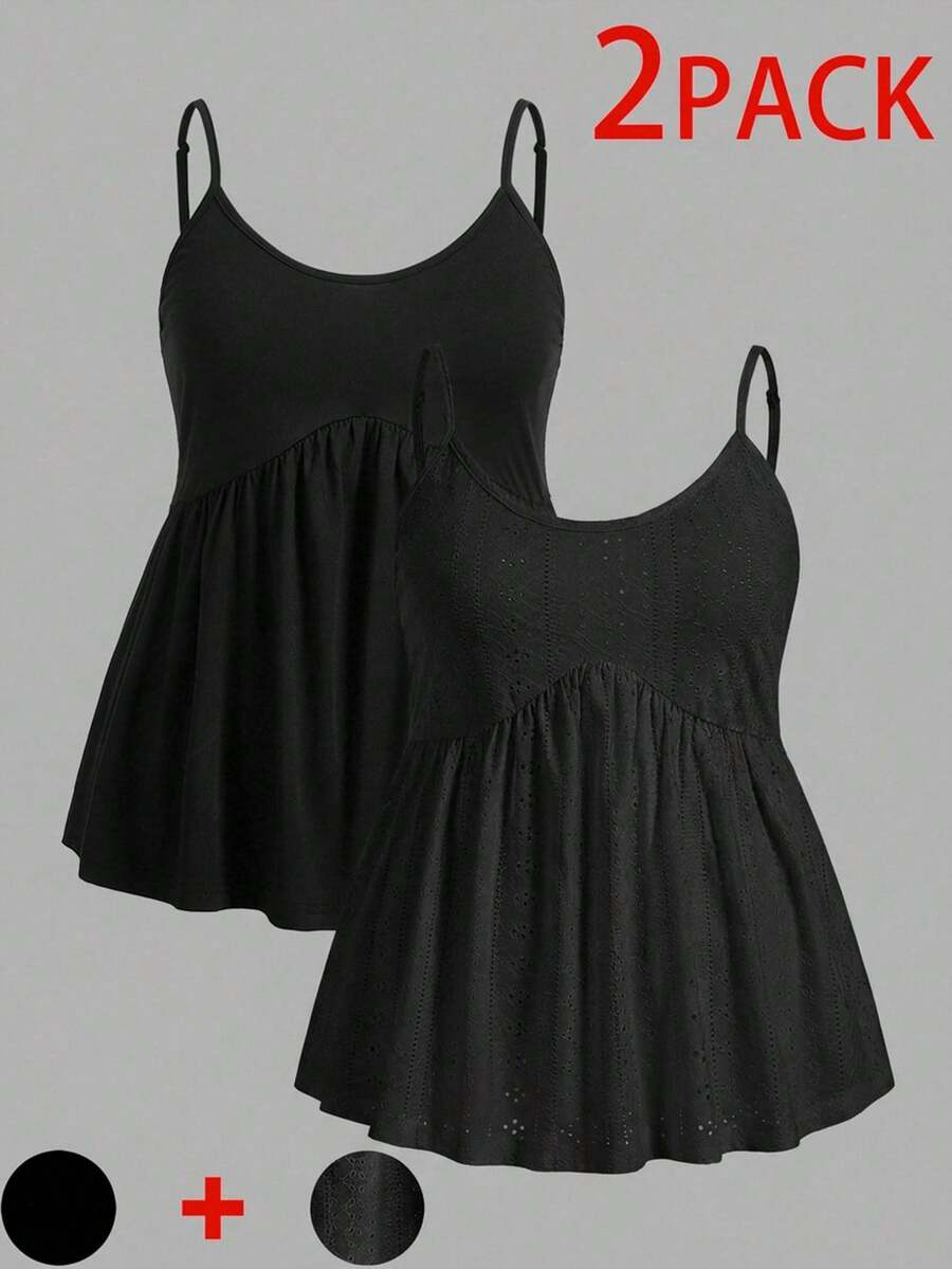 SHEIN EZwear Áo hai dây màu đen xếp nếp viền ren dành cho nữ cỡ lớn - màu đen - Xem 1