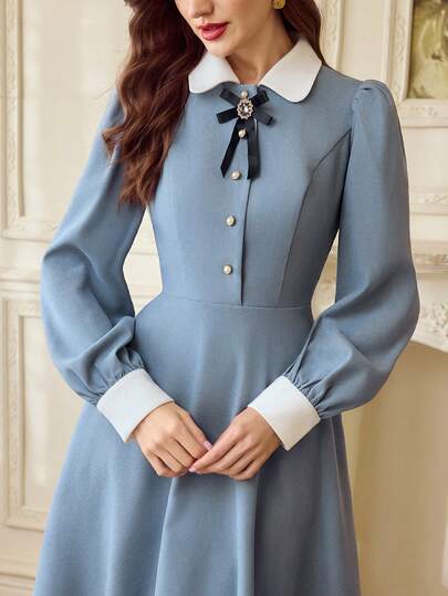 Vintamour 复古优雅女士连衣裙，带口袋、蝴蝶结胸针、珍珠纽扣、撞色彼得潘领、长袖，休闲通勤度假连衣裙，夏季女装，夏季服装，夏季度假服装，春季女装，春季连衣裙，春假女装，春季女装，春季女装，优雅女装，女士优雅连衣裙，女士度假服装