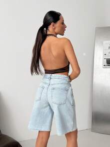 SHEIN 女士纯色简约日常牛仔短裤 - 中等水洗藍 - 查看 2