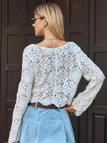 MainGRL 2026 Women's Spring/Early Spring Hollow-Out Knitted Cardigan, Acrylic (Faux Cashmere), Milky White - White - View 2