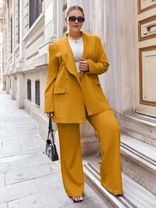 SHEIN Plus Shawl Collar Double Breasted Blazer & Pants - Yellow - View 1
