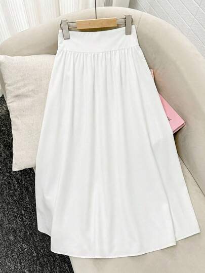 SHEIN Girls' White Woven Pleated Skirt, Unique Texture, Delicate Details, Flowing Pleats, Showcasing Sweet Elegant, Essential For Outings