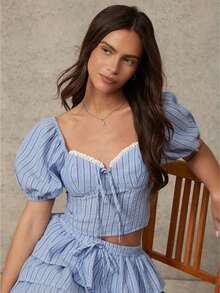 WESTFADE Women's Blue And White Stripe Modest Sweetheart Neck Tie Front Puff Sleeve Fitted Crop Top,Summer Vacation Resort Wear,Boho Western Nashville Clothes - Blue - View 1