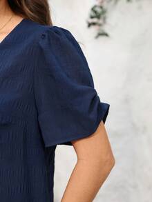 Miaspire 大码女士休闲优雅通勤纯色藏蓝色迷你连衣裙，春夏款 - 藏蓝色 - 查看 7