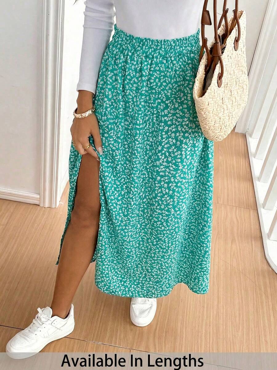 SHEIN Tall CURVE 大码夏季度假碎花开衩裙 - 綠色 - 查看 1