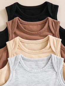 SHEIN 4pcs Newborn Baby Boy Solid Color Knit Soft Casual Versatile Crew Neck Sleeveless Layered Top Set - Multicolor - View 3