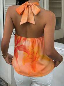 SHEIN EZwear 橙色芙蓉花印花女士吊带上衣，休闲简约度假风，春夏海滩巡航波西米亚西部风情节日海岛女孩复古海滨浪漫度假氛围春假可爱居家柔美女孩洁净女孩音乐节演唱会婚礼宾客城市旅行优雅假日装 - 彩色 - 查看 8