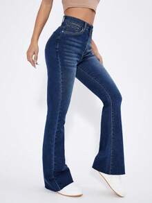 SHEIN EZwear Quần jeans ống loe cạp cao màu xanh denim đã giặt - Rửa nhẹ - Xem 5