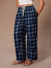 Lazeform Calça feminina casual, solta e reta, com amarração na cintura, canelada e com estampa xadrez. Confortável e versátil, ideal para primavera e verão. - Azul - Ver 1