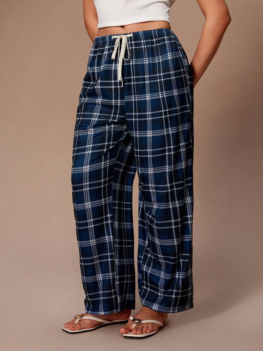Lazeform Calça feminina casual, solta e reta, com amarração na cintura, canelada e com estampa xadrez. Confortável e versátil, ideal para primavera e verão. - Azul - Ver 1