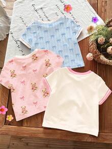 SHEIN 3件套少女休闲马卡龙系列奶油粉、奶油白、奶油蓝配色，复古可爱樱桃、蝴蝶结、小熊印花时尚甜美圆领短袖T恤，适合春夏日常穿着，街头风 - 彩色 - 查看 2