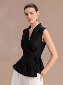 Uhlyne 女士简约亚麻V领无袖系带褶裥上衣 - 黑色 - 查看 3