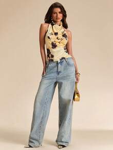 SHEIN BAE 黄色碎花吊带休闲上衣，黄色上衣，优雅上衣，度假上衣，婚礼上衣，返校/毕业季上衣 - 黃色 - 查看 7