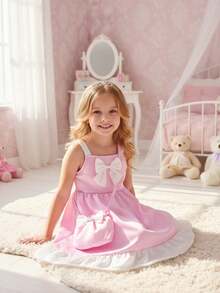 女童蝴蝶结荷叶边下摆夏季连衣裙，1件装 - 粉色 - 查看 5