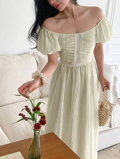 DAZY Women's Ditsy Floral Lace Patchwork Midi Dress, Countryside Vacation Style