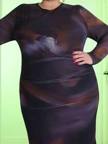 Pretty and Ole Elegant Long Sleeve Tie-Dye Print Pleated Waist Maxi Dress Asymmetric Collar Long Sleeve Elegant Date Night Dress Mesh Elastic Fabric Plus Size Women's Dress/Casual Chic Vacation Back To School Maxi Dress Bodycon Plus Size Dress Plus Size Bodycon Midi Dress Curvy Dress Curve Midi Dress Plus Size Midi Dress Plus Size Bodycon Dress - Multicolor - View 3
