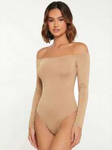 SHEIN BASICS 女士纯色修身露肩长袖连体衣 - 杏色 - 查看 4