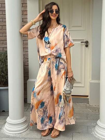 Vivie Lora Women's Printed Loose Shirt And 7/8 Pants Elegant 2 Pieces Set Summer Lounge Sets For Women