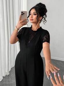 Elenzga 大码女士优雅蕾丝拼接V领短袖黑色连体裤，适合春季、情人节、新年穿着，适合曲线身材，黑色连体裤，大码女士连体裤，蕾丝连体裤 - 黑色 - 查看 7